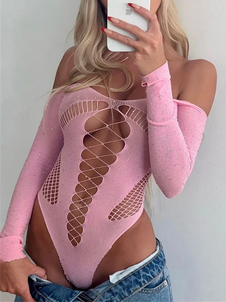 Tossy różowe koronkowe body topy dla kobiet Off-Shoulder Hollow Out Mesh Sheer Body Top kobieta gorąca, bez pleców bielizna nocna Top