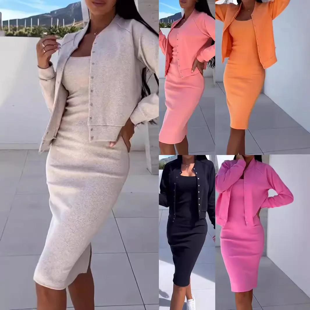 

Fashion Women's Set Autumn/Winter New Style European and American Strap Skirt Coat Top Two Piece Set Women's Wear