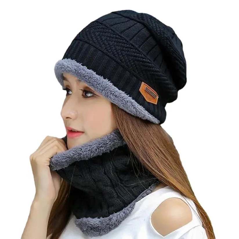 Gorro de malha grossa para homens e mulheres, cachecol de lã feminino, máscara balaclava, conjunto de chapéus, inverno