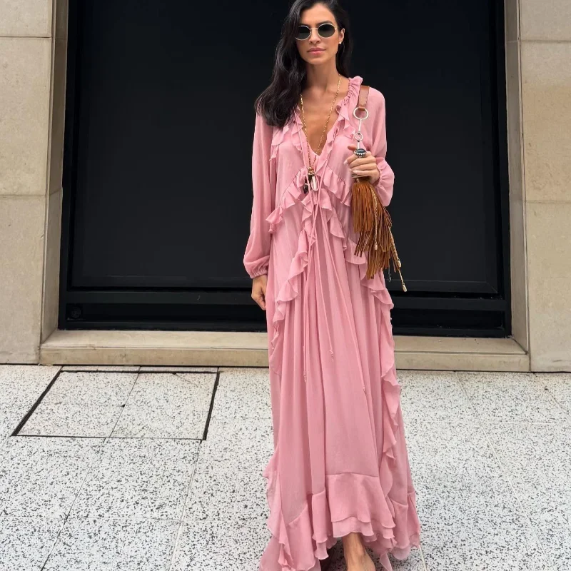 Eleganckie sukienki z pełnym rękawem z wieloma falbankami Szykowne luźne sukienki z dekoltem w szpic z koronki Nowa damska letnia suknia klubowa 2025