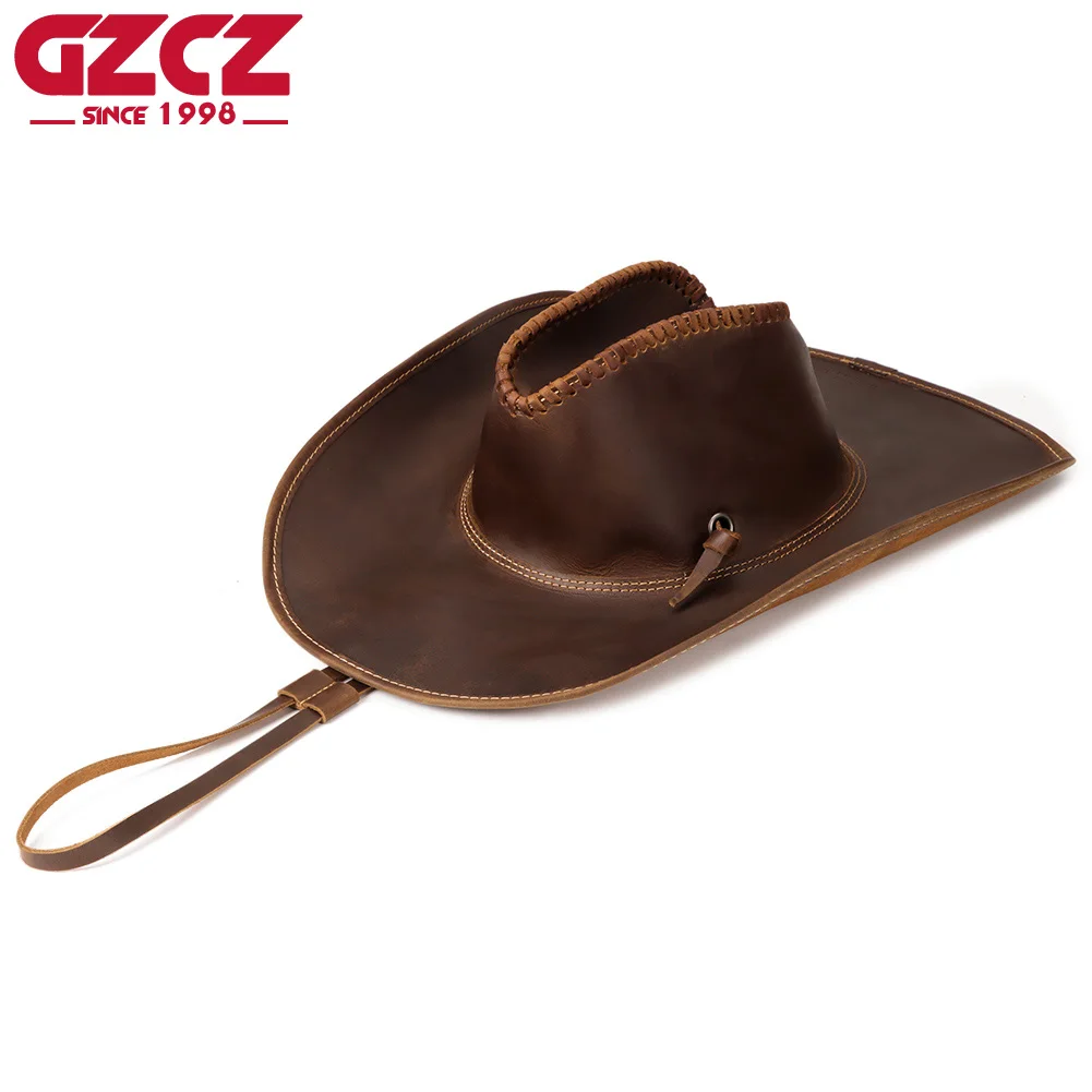 GZCZ 100%Real Leather Western Cowboy Hats Retro new Handcraft Shapeable large brimmed wide border  Outdoor  sunshade hats