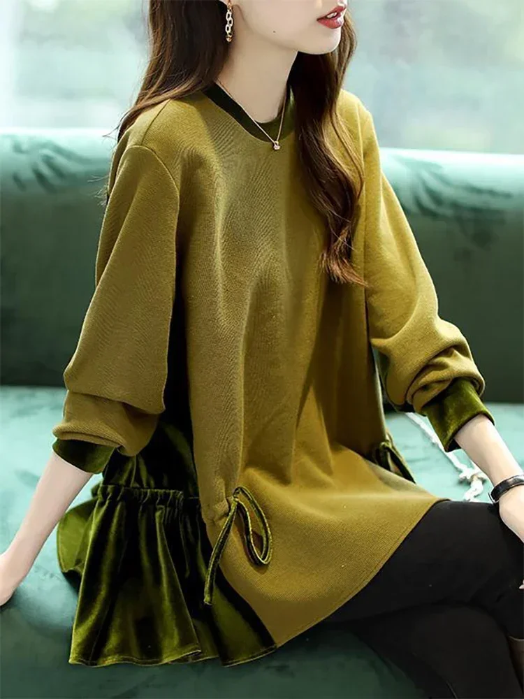 Moda o-pescoço emendado solto shirring bandagem blusas roupas femininas 2023 outono inverno oversized casual topos camisas de viajante