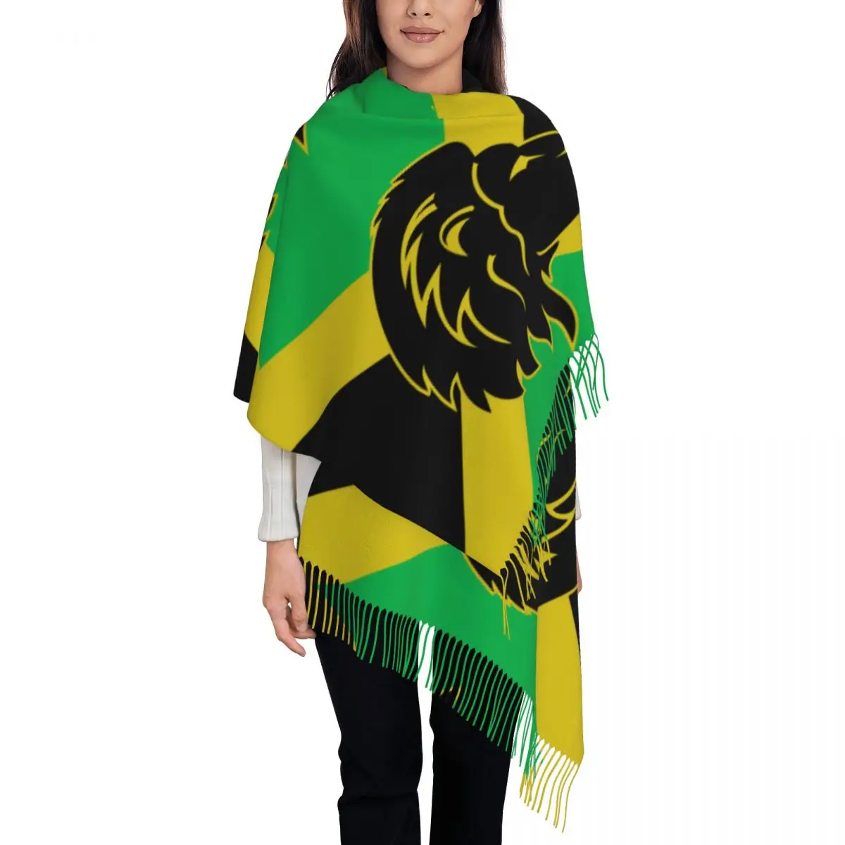 

Jamaica Flag Lion Head Women's Pashmina Shawl Wraps Fringe Scarf Long Large Scarf