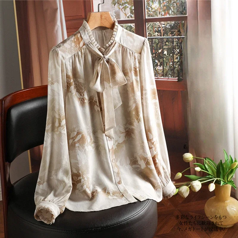 Chiffon Women\'s Shirt Summer Printed Vintage Blouses Trend 2024 Bow Clothing SALES Loose Long Sleeves Casual Women Tops