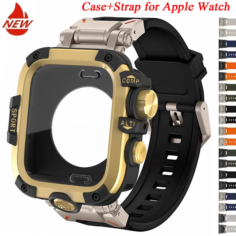 حزام سيليكون + حافظة معدنية لساعة أبل Ultra2 10 46 مللي متر 49 مللي متر 44 مللي متر 45 مللي متر غطاء حماية سوار IWatch Series 9 8 7 6 SE