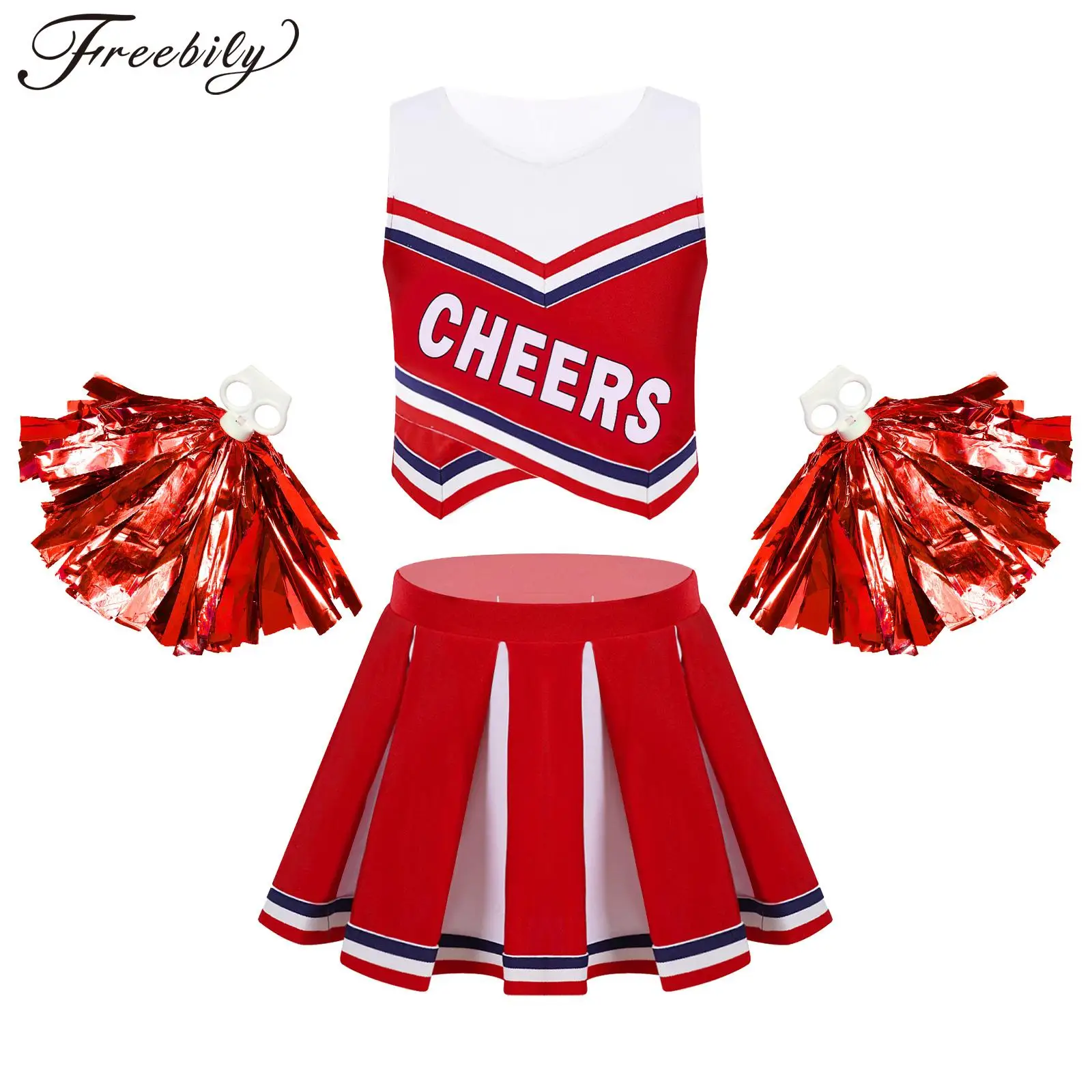 

Kids Girls Letters Printed Vest with Pleated Skirt and Pom Poms Outfit Set for Halloween Cheer Leader Stage Performance Costume