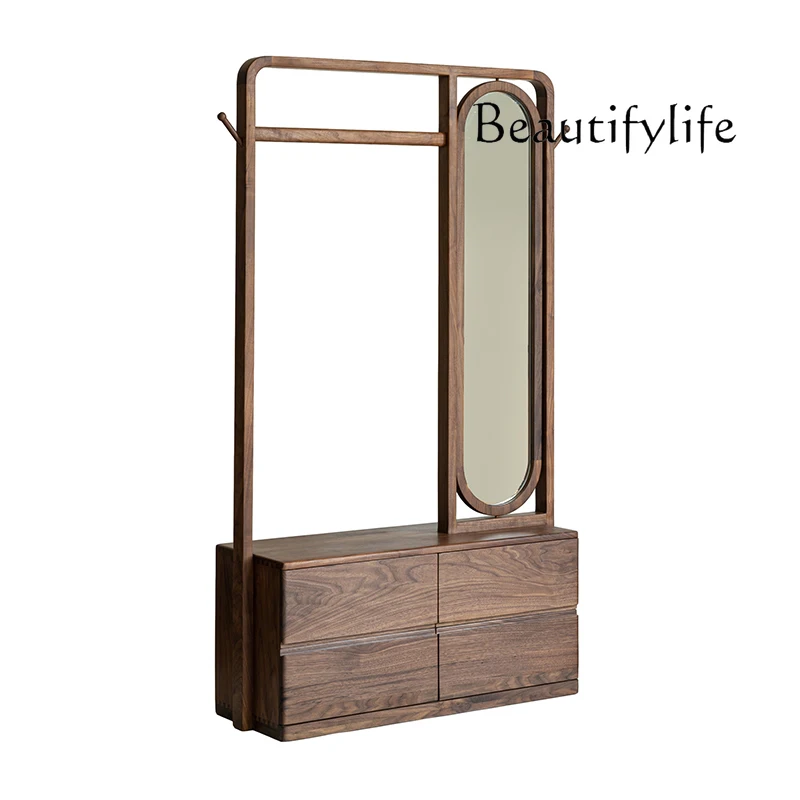 black walnut coat rack rotating full-length mirror simple floor storage locker hanger