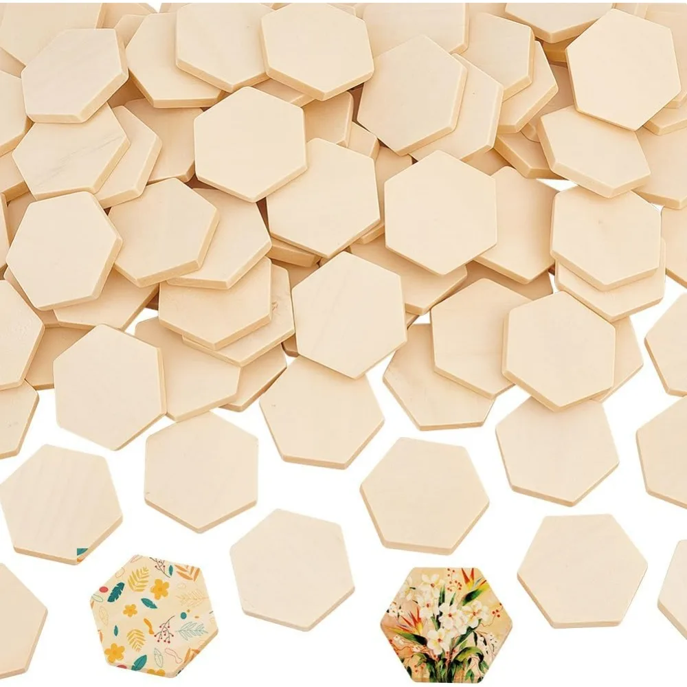 100PCS Hexagon Wood Pieces Unfinished  Pieces 1.5x1.3x0.2 Inch Natural Cutout Blank Slices