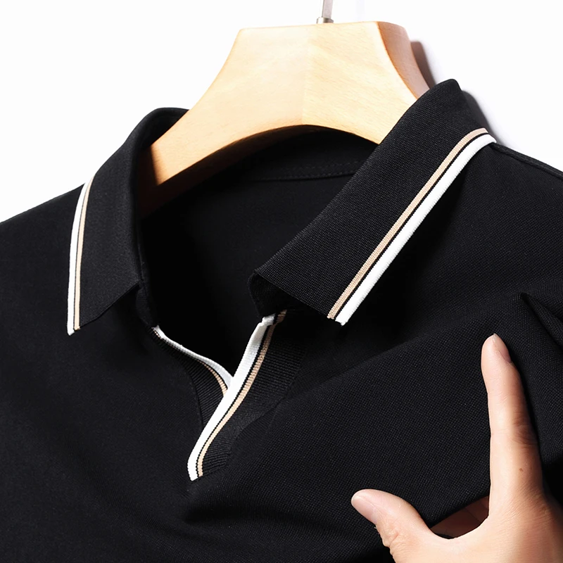 

New Men's Solid Color Long Sleeve Striped Lapel Polo Shirt Breathable Comfortable Top Fashion V-neck Loose Casual Tshirt for Men