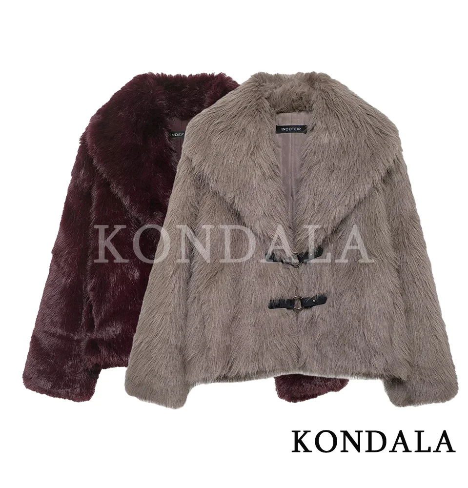 معطف كلاسيكي أنيق للسيدات من KONDALA جاكيت من الفرو الصناعي بأزرار سفلية سترة جديدة لخريف وشتاء 2025 معطف عالي الشارع للحفلات