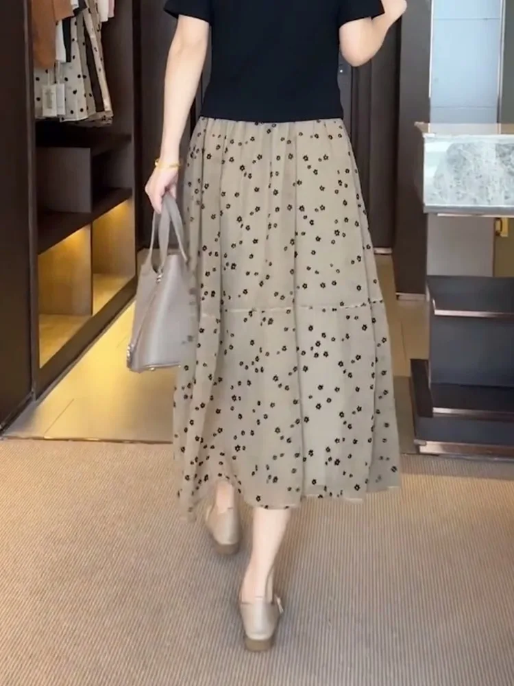 

Ele Floral Print A-Line Midi Skirt Women's Loose Fitting High Waist Dra Swiy Summer 2025 Commute Vintage Sle