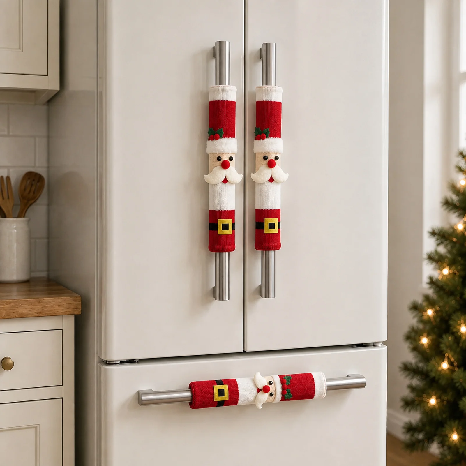 Christmas Refrigerator Handle Covers 2PCS, Santa Snowman Kitchen Appliance Handle Protectors, Xmas Fridge Door Decor