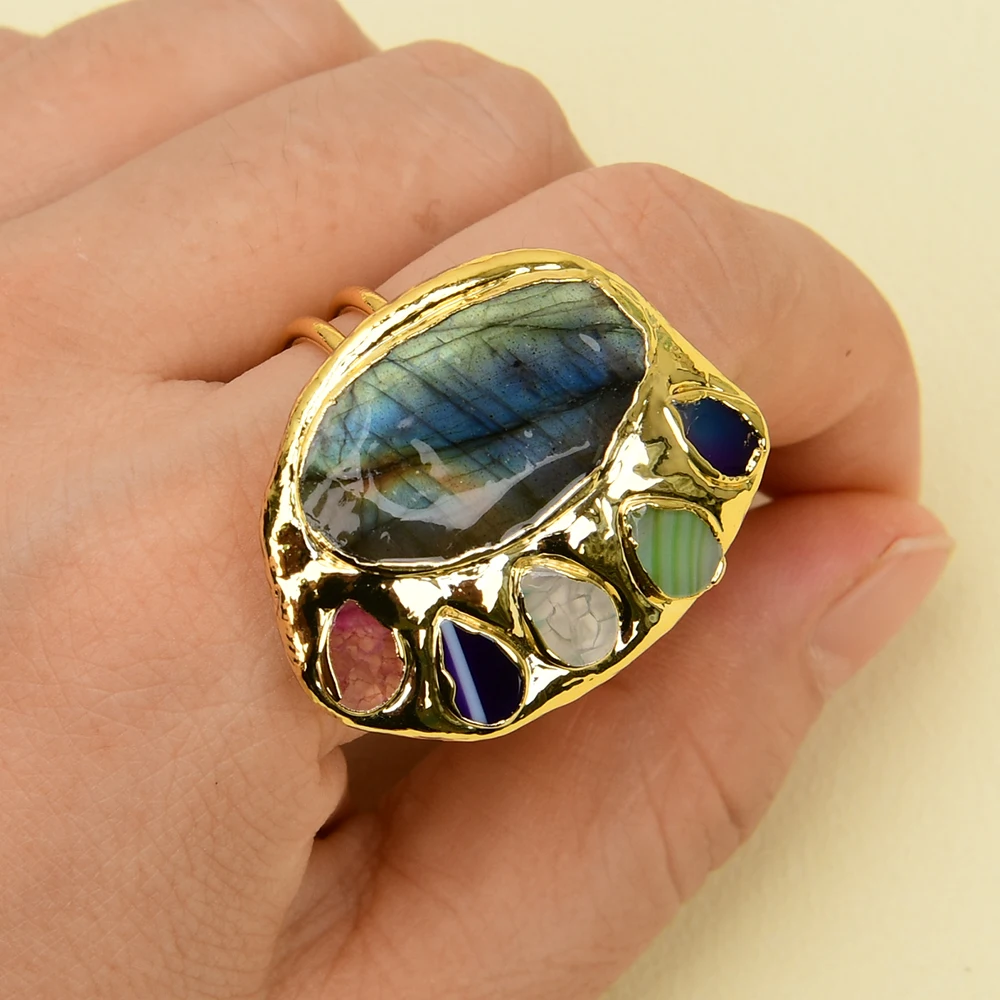 G-G Natural Labradorite Gems Multi Color Agate Gold Plated Ring Adjustable Set Handmade For Girls