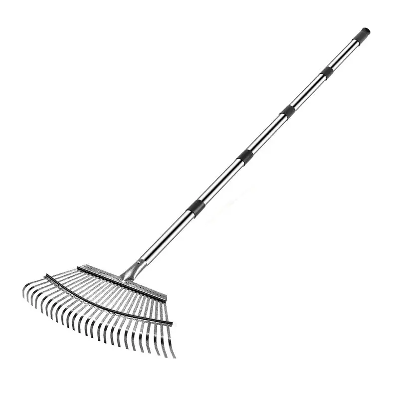 RMWIN-Heavy Duty Metal Leaf Rake, 73 Inch Adjustable Handle& 25 Tines For Garden For Lawn, Yard, Grooming Bed