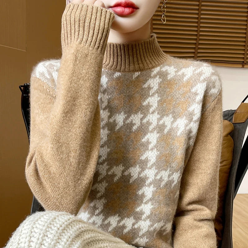 Podstawowy sweter damski z golfem, w kratę, z długim rękawem, wykonany w 100% z wełny merino, miękki, ciepły, kaszmirowy, elegancki.