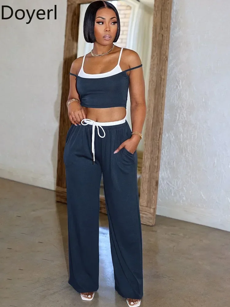 

Doyerl Sports Summer Set Women Tracksuit 2 Pieces Matching Sets Spaghetti Strap Patchwork Crop Top and Sweatpants Jogging Femme