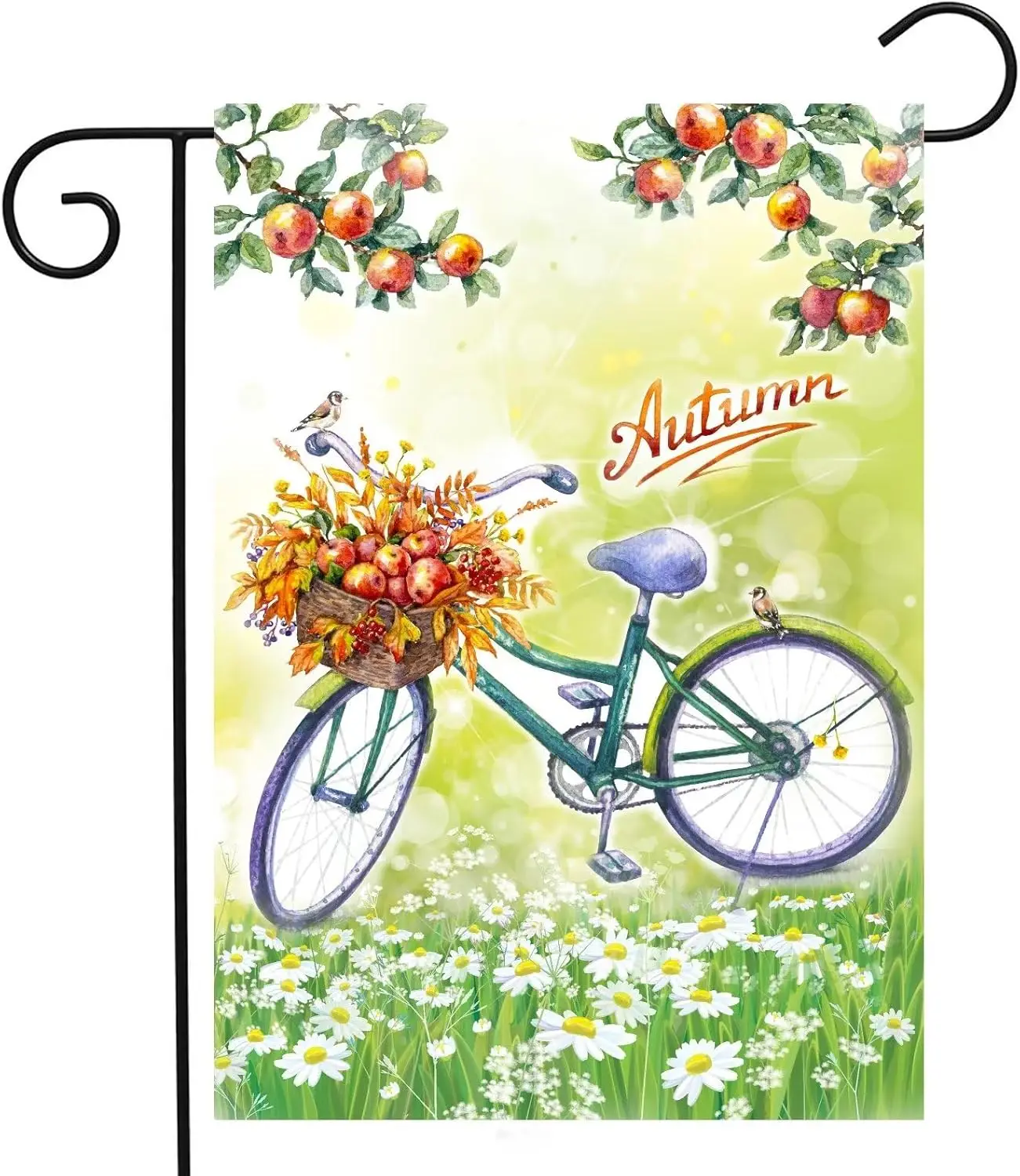 Bicicleta de pájaro de otoño con acuarela, con cesta, manzanas rojas maduras, ramas de árbol, bandera de jardín de otoño, 12 "x 18", Pol de doble cara HJN ZZU