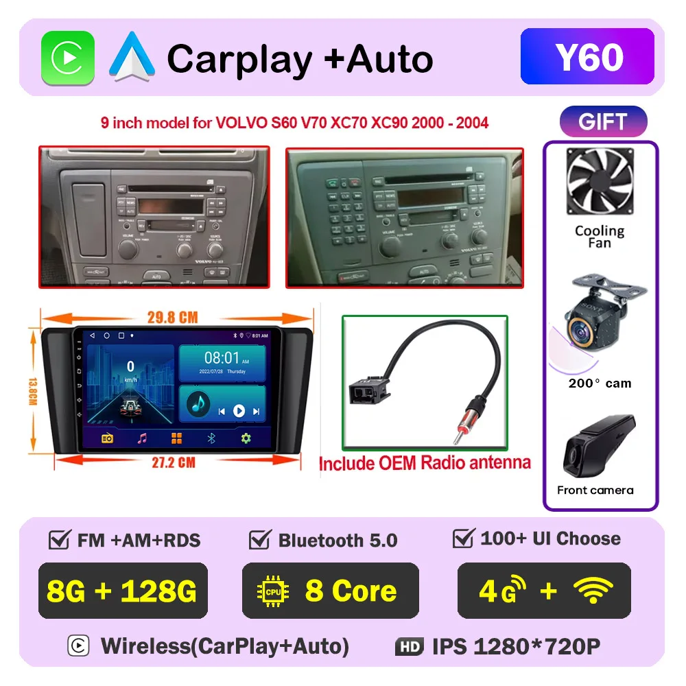 Auto radio CarPlay voor Volvo XC70 V70 S60 2000-2009 Android Auto multimediaspeler stereo 8-core autoradio DSP 5G WIFI scherm DVD