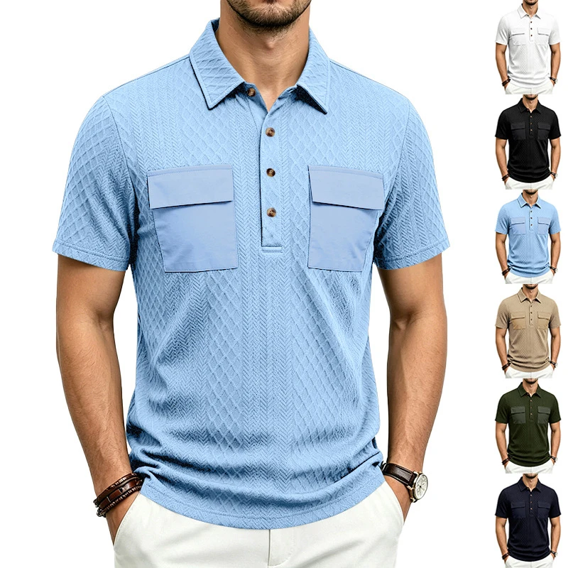 Heavyweight Jacquard Lapel Polo Shirt, Color Block Workwear Multi-pocket, Loose Outdoor Casual Top