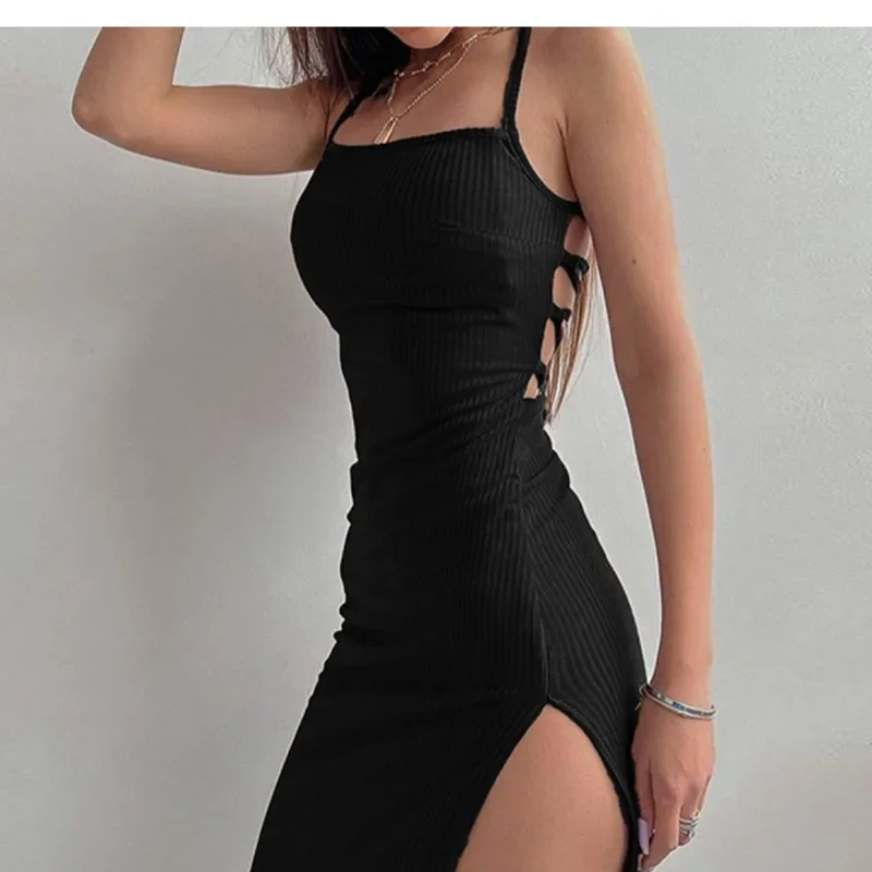 

Sexy Black Long Bodycon Dress Women Summer Sleeveless Blackless Halter Neck Spaghetti Strap Vestido Y2k High Split Vestidos 원피스