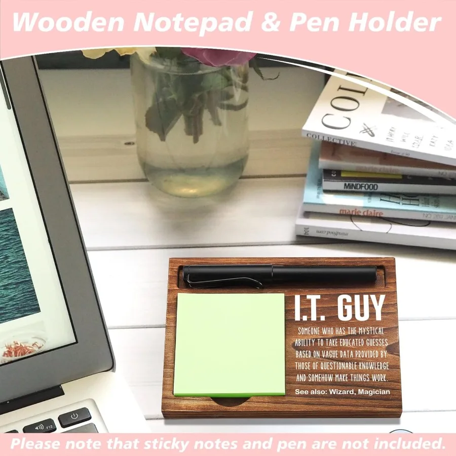 Funny I.T. G Sticky Note Holder Wooden Notepad and Pen Holder 6.5" x 4.7" IT Tech Sticky Note Pad Holder Dispenser for Desk I.T