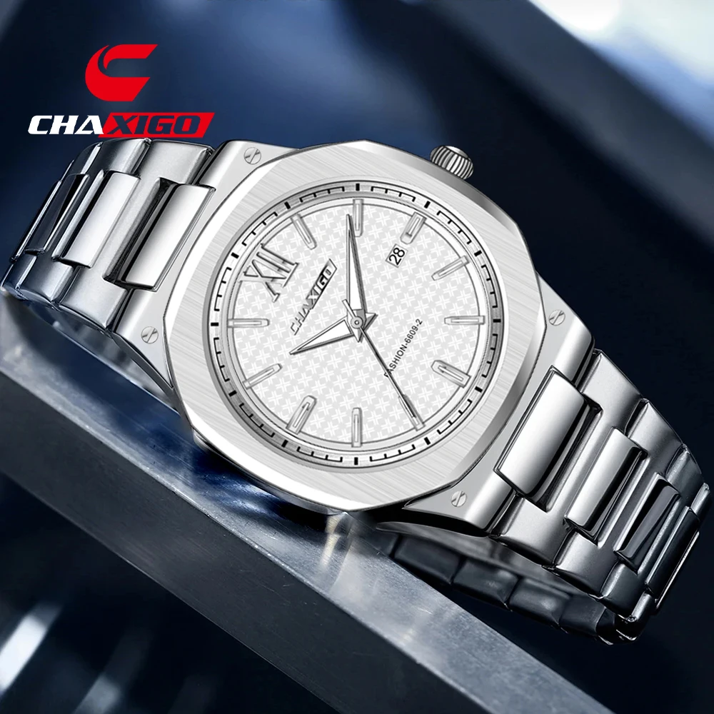 

CHAXIGO Men's Stainless Steel Strap Watch 43mm Luminous Dial 30m Waterproof, Date Display Stylish Screw-down Crown, Casual Watch