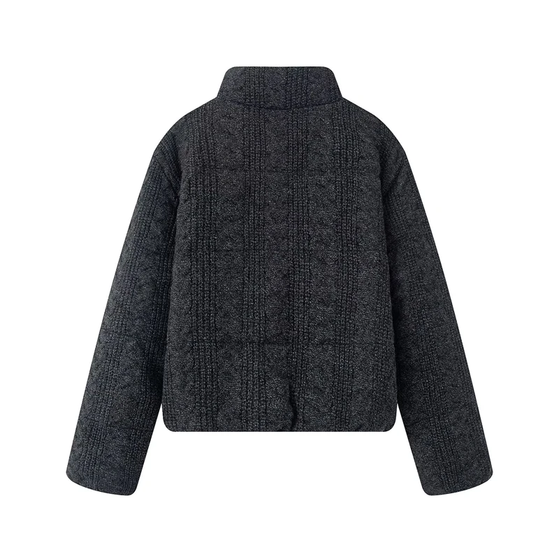 Women's Knitted Texture Stand Collar Zip Cropped Jacket Winter Warm Loose Casual Coat (Brown/Black/White)