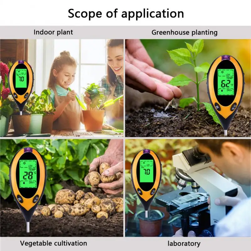 4 in 1 Soil PH Meter Tester Soil Tester PH Moisture Meter Temperature Sunlight Intensity Measurement Analysis Soil Acidity Test