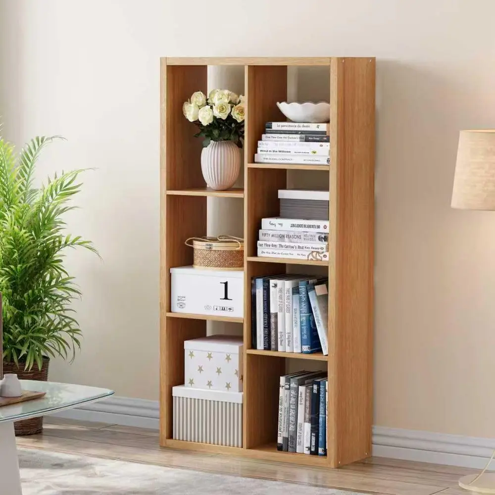 

11 Inch Open Back Wooden Cube Storage Bookcase with 7 Shelves, Thickened Border, for Home or Office, Natural Oak Finish