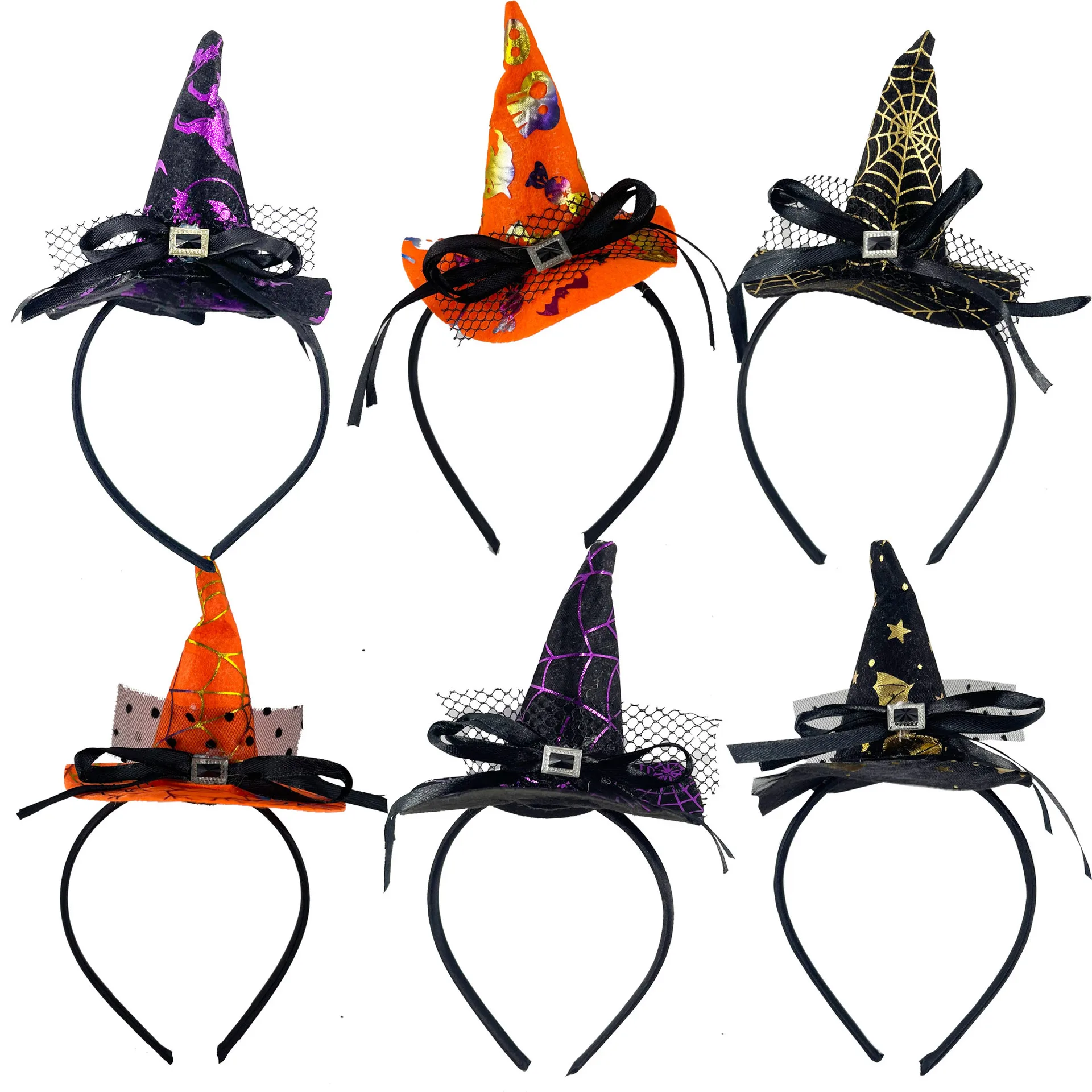 Mini Pointy Witch Hat Hairbands Spider Web Pumpkin Skull Shaped Hair Hoops for Kids Girls Halloween Headbands Cosplay Decoration