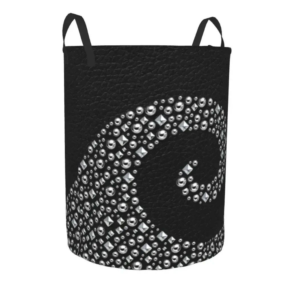 Black Leather With Silver Stud Swirl Laundry Basket Collapsible Textures Clothing Hamper Toys Organizer Storage Bins