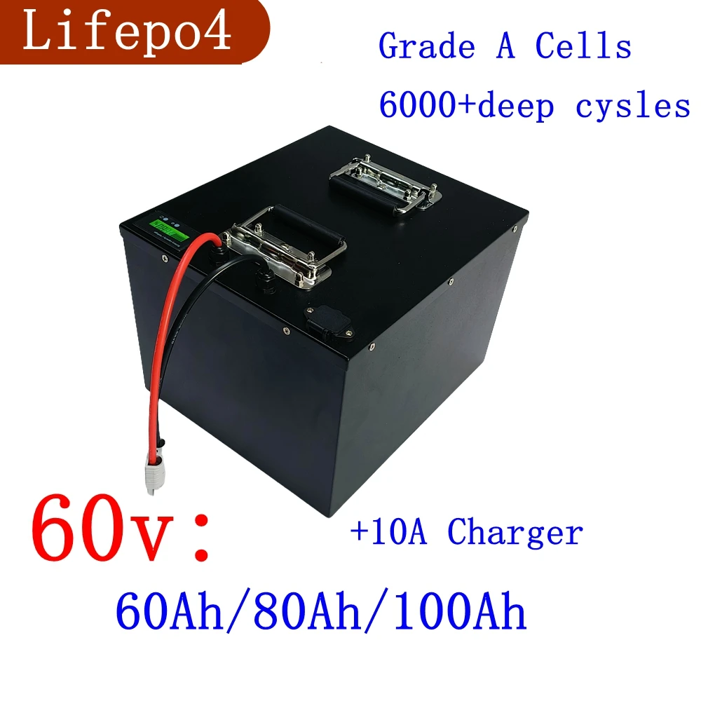 

60V 60Ah 80Ah 100Ah LiFepo4 lithium batetry for 6000W motorcycle scooter electric rickshaw Lead acid replacement +10A charger