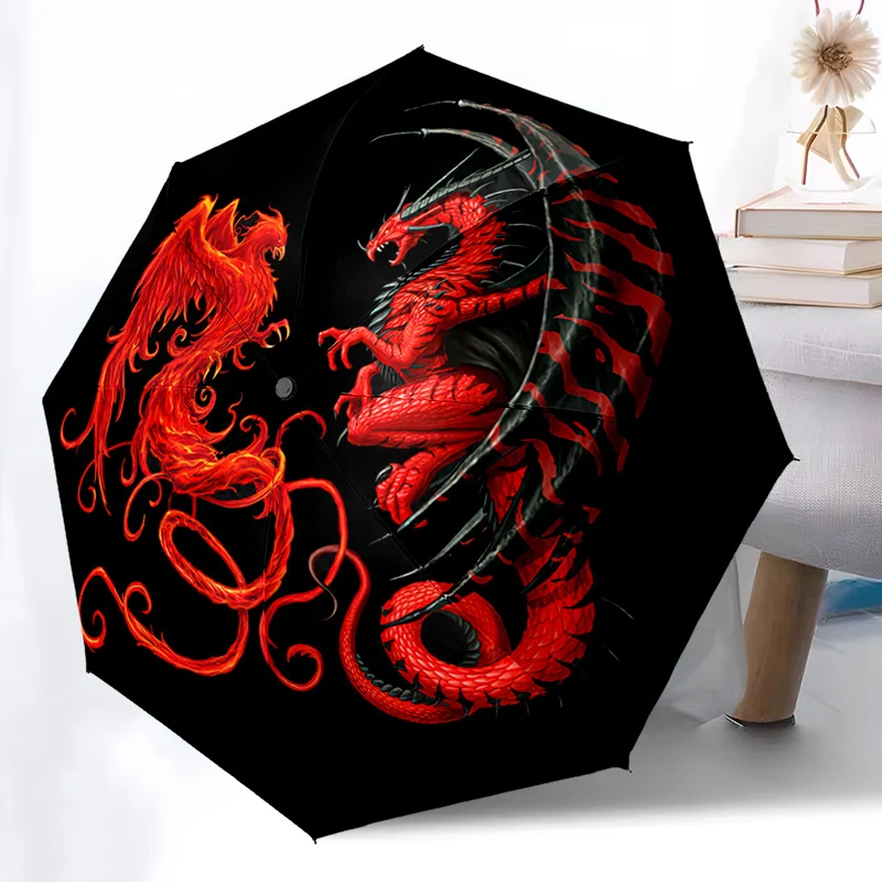 1 Stück Regenschirm mit Drachen- und Phönix-Aufdruck – multifunktionaler faltbarer Regenschirm mit robustem Eisenrahmen, 8 Rippen für alle Jahreszeiten, Zuhause, Reisen