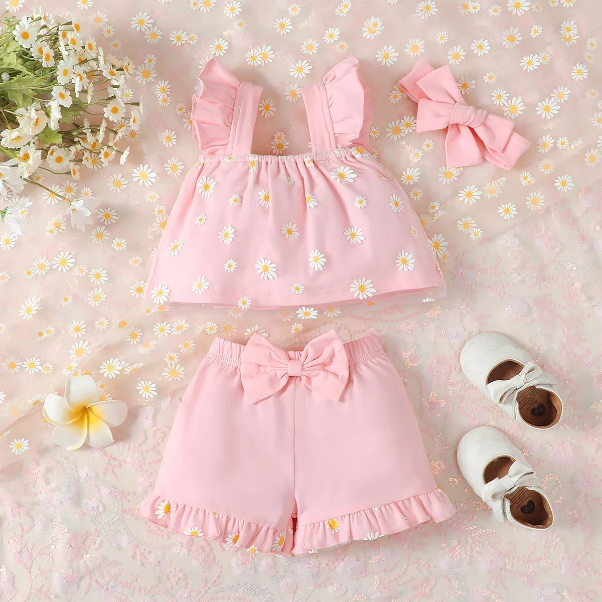 Baby Girls Clothing Set Summer Suspender Top Floral Print Vest + Children\'S Fashion Bow Shorts Kids Clothes +Headband  3pcs Suit