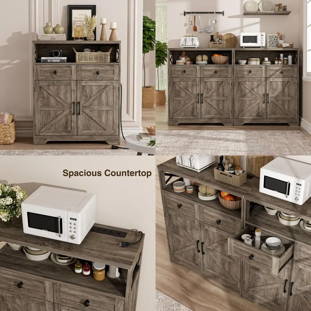 

Rustic Grey Armhouse Storage Cabinet with Barn Doors, Sideboard Buffet Hutch for Kitchen, Living Room, or Bathroom