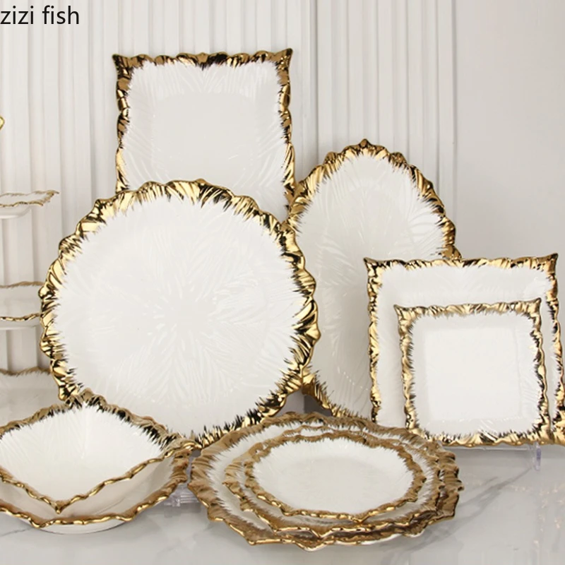 Esssteller aus Keramik mit goldenem Rand, westlicher Steakteller, Sushi-Teller, Dessertschale, Sashimi-Teller, Obstschale, Salatschüssel, Suppenschüsseln