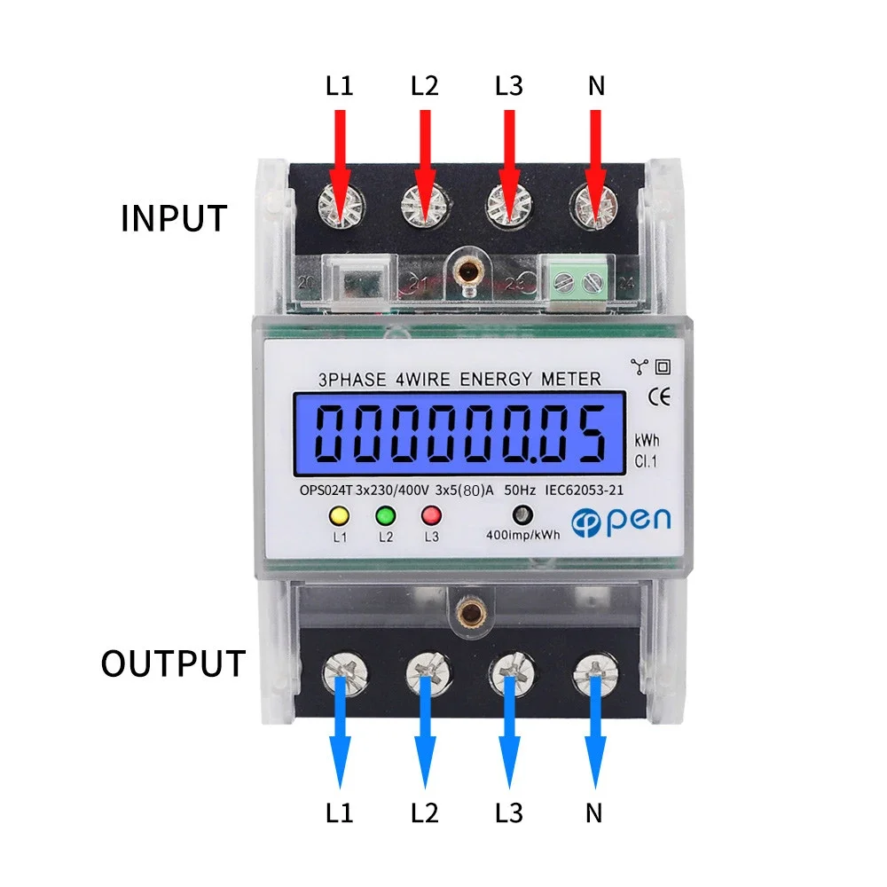 Open Electric Din Rail 3 Phase 4 Wire Electric Watt Power Energy Meter Wattmeter kWh LCD Backlight Display