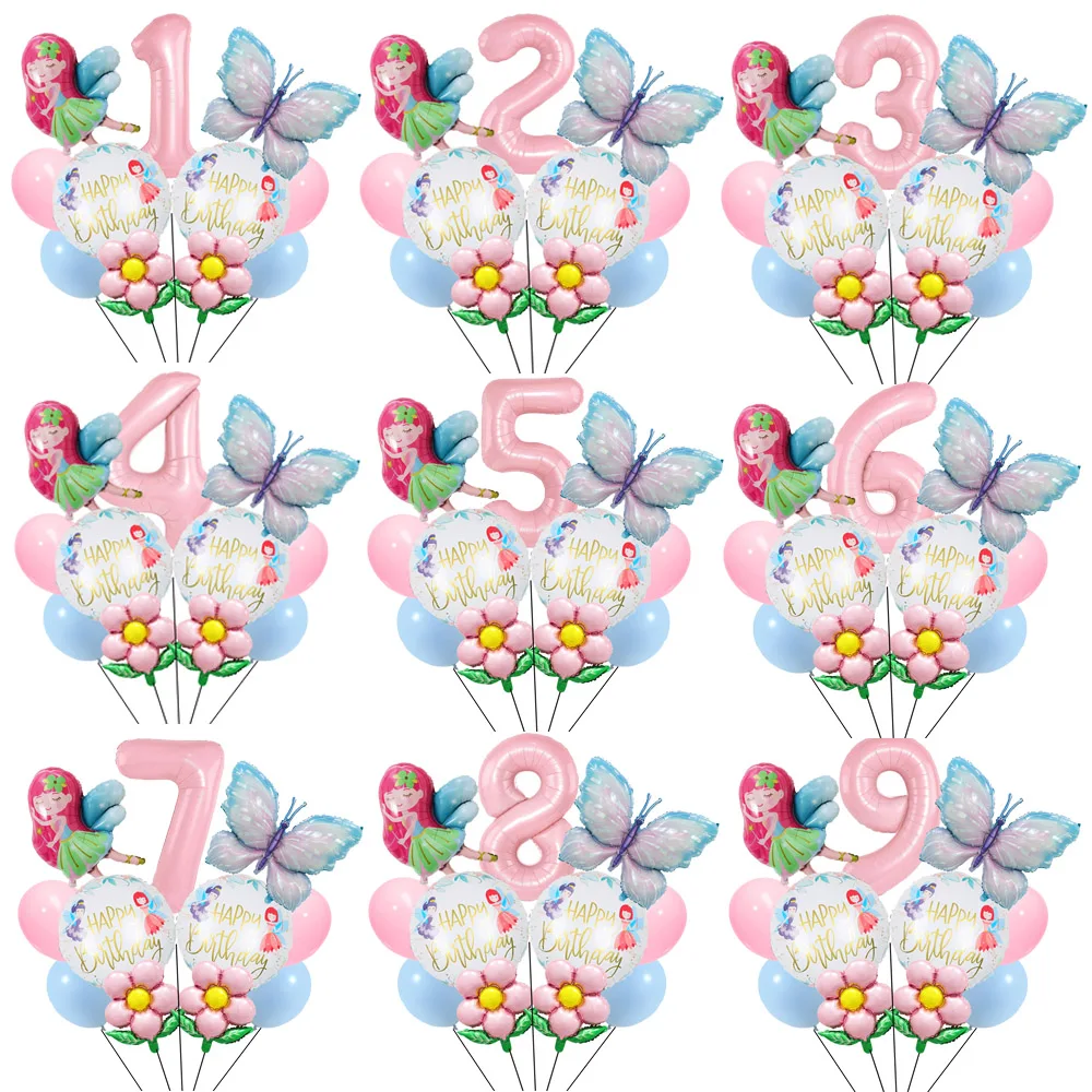 Flower Fairy Balloons Set for Girls, Decorações Tema Borboleta, Birthday Party Supplies, Decor, 1-9th