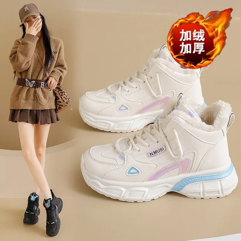 Womens Sneakers Winter New Velvet High-Top Cotton Shoes Women Korean Version Fashion Versatile Thick-Soled Heightening Sneakers