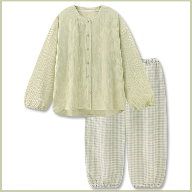 Conjunto de pijama de 2 piezas para mujer, ropa de dormir minimalista japonesa de gasa de algodón, manga larga y corte relajado, ligero y transpirable.