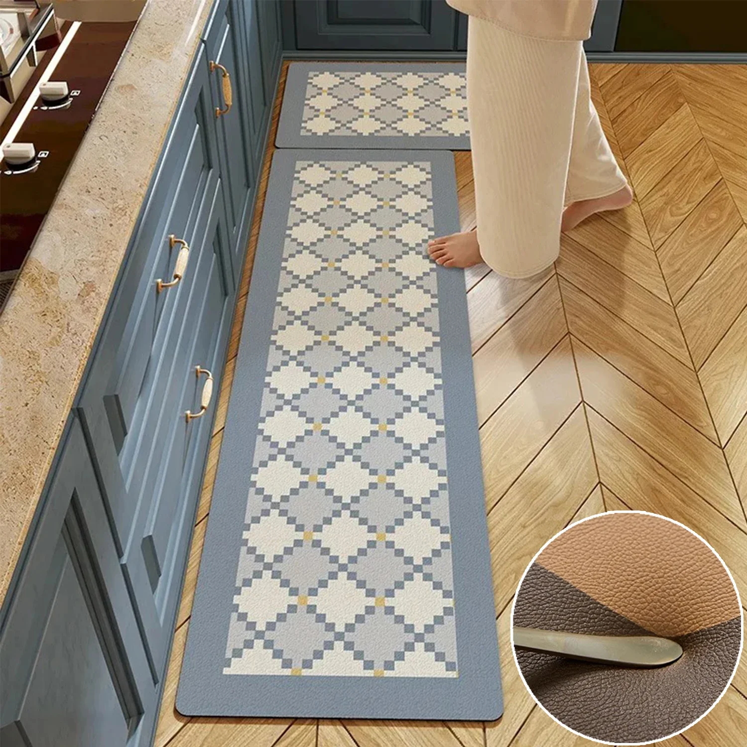 Kitchen PVC Light Luxury Household Long Strip Washable Kitchen Floor Mat Oil-proof Blue White Plaid Home Decoration Rug Carpets