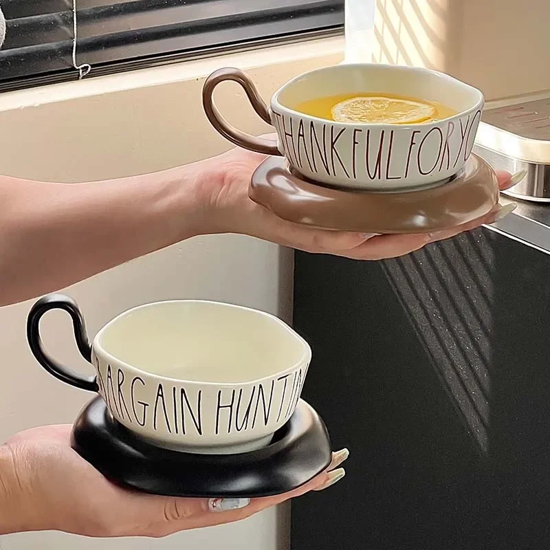 Light luxury simple ceramic coffee cup creative design sense letter saucer comfortable grip couple water