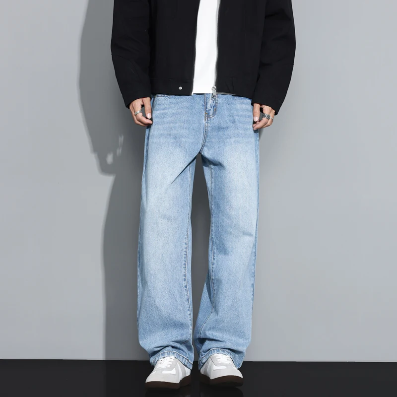الرجال جينز غير رسمي الخريف جديد الكورية فضفاض بلون بنطلون مستقيم Vintage شخصية الذكور واسعة الساقين الدنيم السراويل
