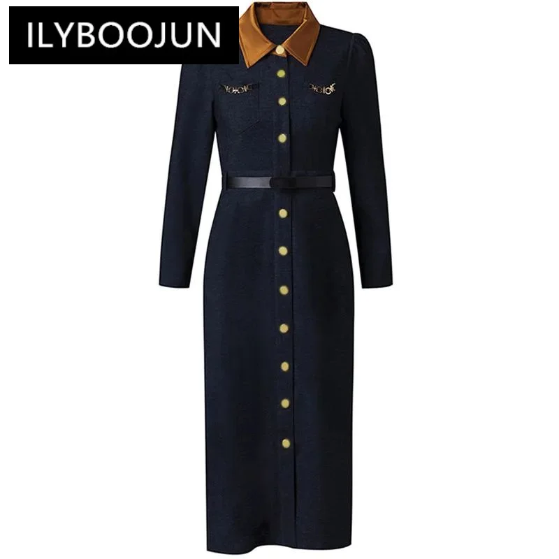 ILYBOOJUN Fashion Women's 2024 Spring Elegant Office Lady Polo Collar High-Waisted Lace-Up Single-Breasted Pocket Denim Dress