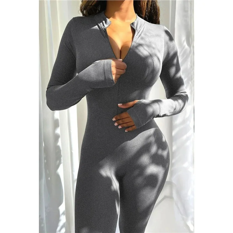 

2026 Spring New Women's Solid Color Sports Jumpsuit, Exercise Ribbed Long Sleeve Zipper, Casual Jumpsuit, Slim and Breathable