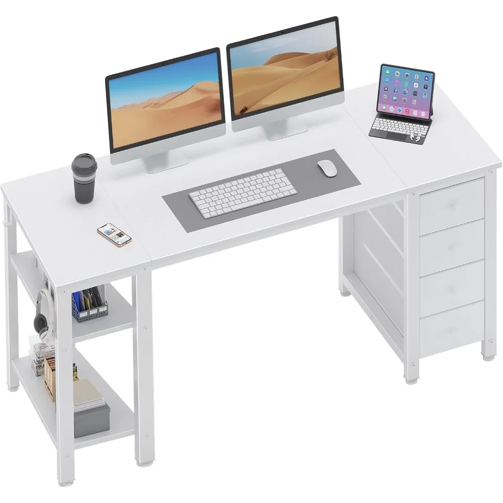 

White computer desk with fabric drawers and storage shelves, 55" study work desk, Simple Modern Cute PC Desks Table，white