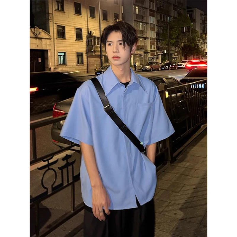 

Светло-голубая мужская летняя тонкая рубашка из ледяного шелка в японском стиле для подростков и молодежи, свободного кроя, с эффектом легкости