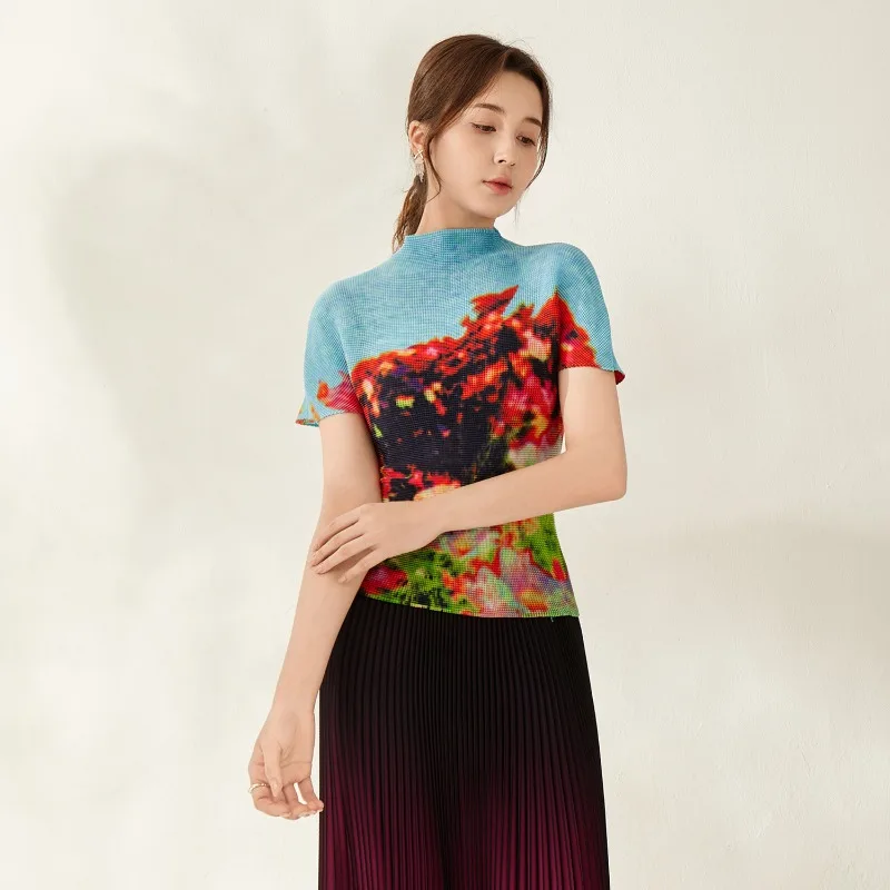 Miyake Pleated 2026 New Summer Elegant T-Shirt Short Sleeve Printed Slim Fit Fashion Slimming Daily Commuting Versatile Top