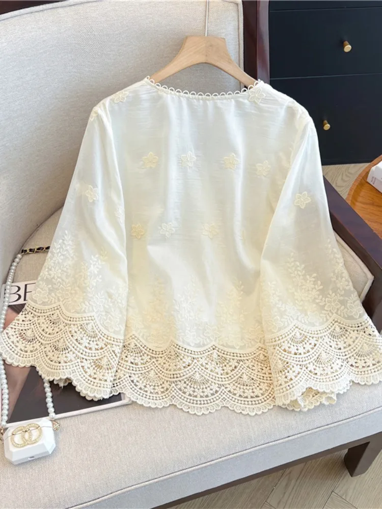 الدانتيل V-ne 3/4 Sve irt المرأة الصيف حجم كبير فضفاض Age-defng حماية من الشمس تكييف الهواء العصرية #3