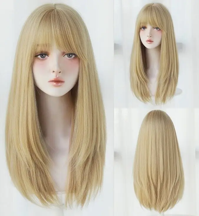 Dress Up Wig With Bangs Synthetic Hair Halloween Layered Blonde Long Straight